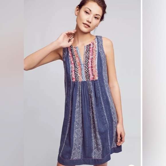 Anthropology Akemi+Kin Embroidery Blue Morten Mini Dress - Picture 1 of 9